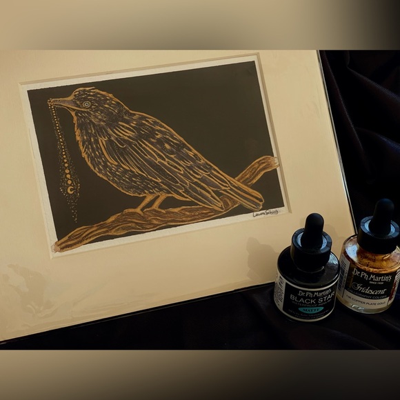 Original art watercolor ink gold bird raven crow mystical witchy moon academia - Picture 3 of 13